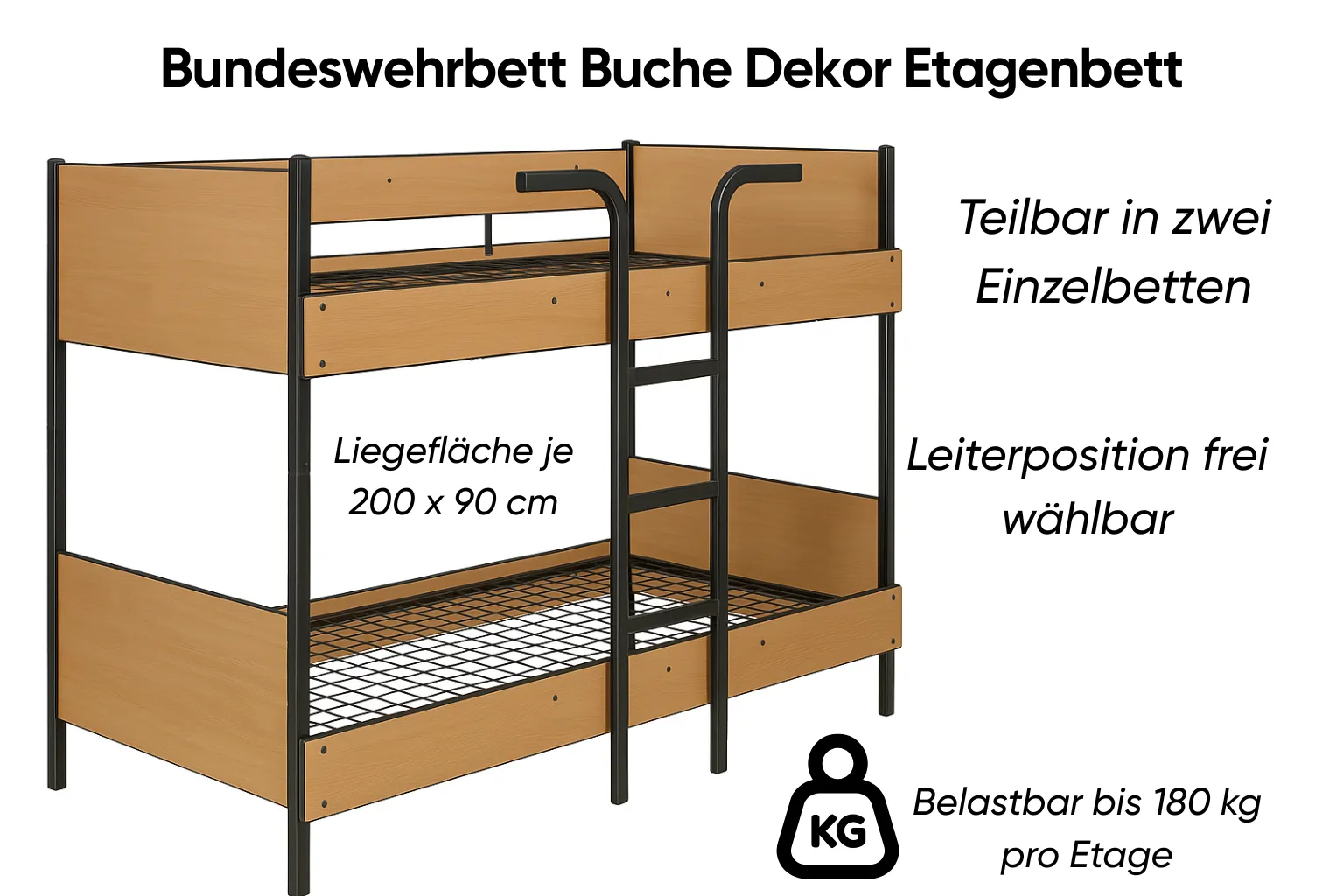 Bundeswehrbett Buche Dekor Etagenbett Ansicht 2
