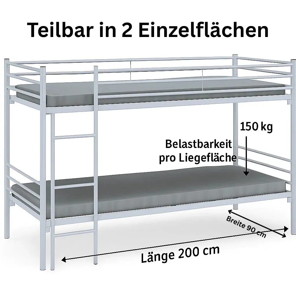 Etagenbett 200 x 90 cm | 150 kg Belastbarkeit | weißaluminium (RAL9006) Ansicht 1