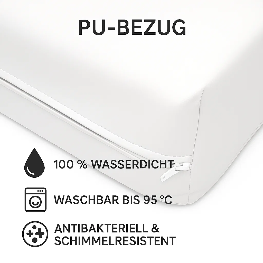 Weißer PU-Bezug mit 2-seitigem Reißverschluss, 100 % wasserdicht, waschbar bis 95 °C, antibakteriell und schimmelresistent