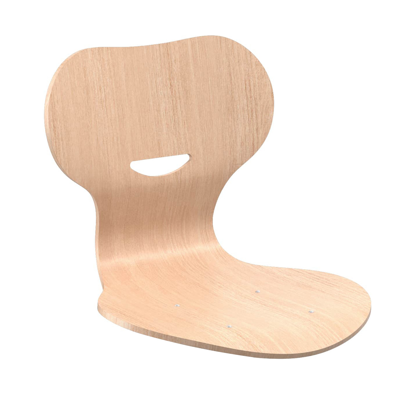 Ergonomisch geformte Sitzschale aus hellem Holz mit organischer Form. Die Schale ist aus einem Stück Formholz gefertigt und weist eine geschwungene Rückenlehne mit integriertem Griffloch auf. Die natürliche Holzmaserung ist sichtbar und die Oberfläche ers