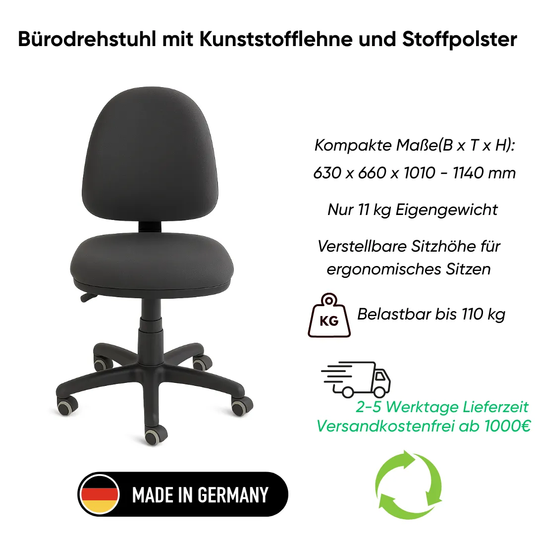 Bürodrehstuhl mit Kunststofflehne und Stoffpolster Ansicht 2