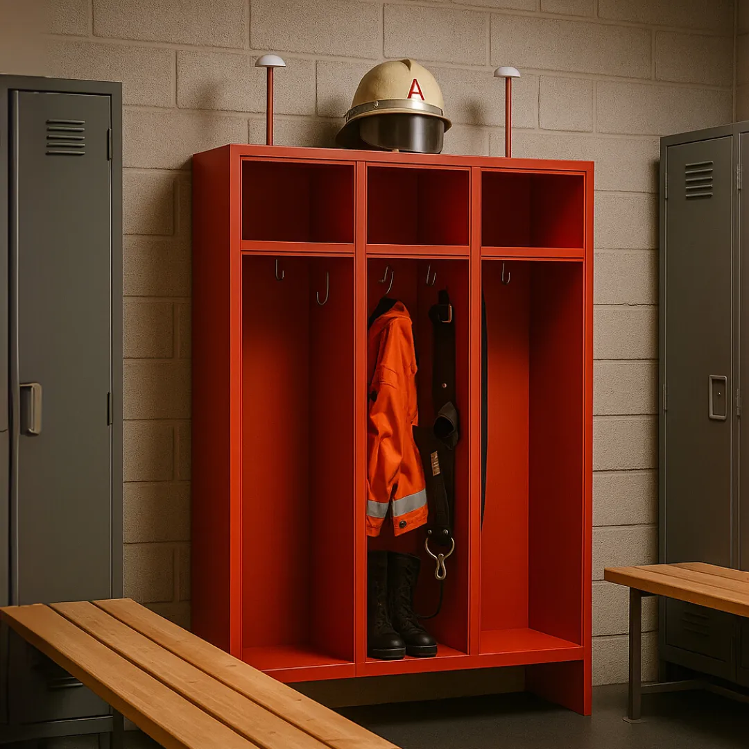 Feuerwehrschrank mit 3 Abteilen – offenes System in RAL3000 Ansicht 3