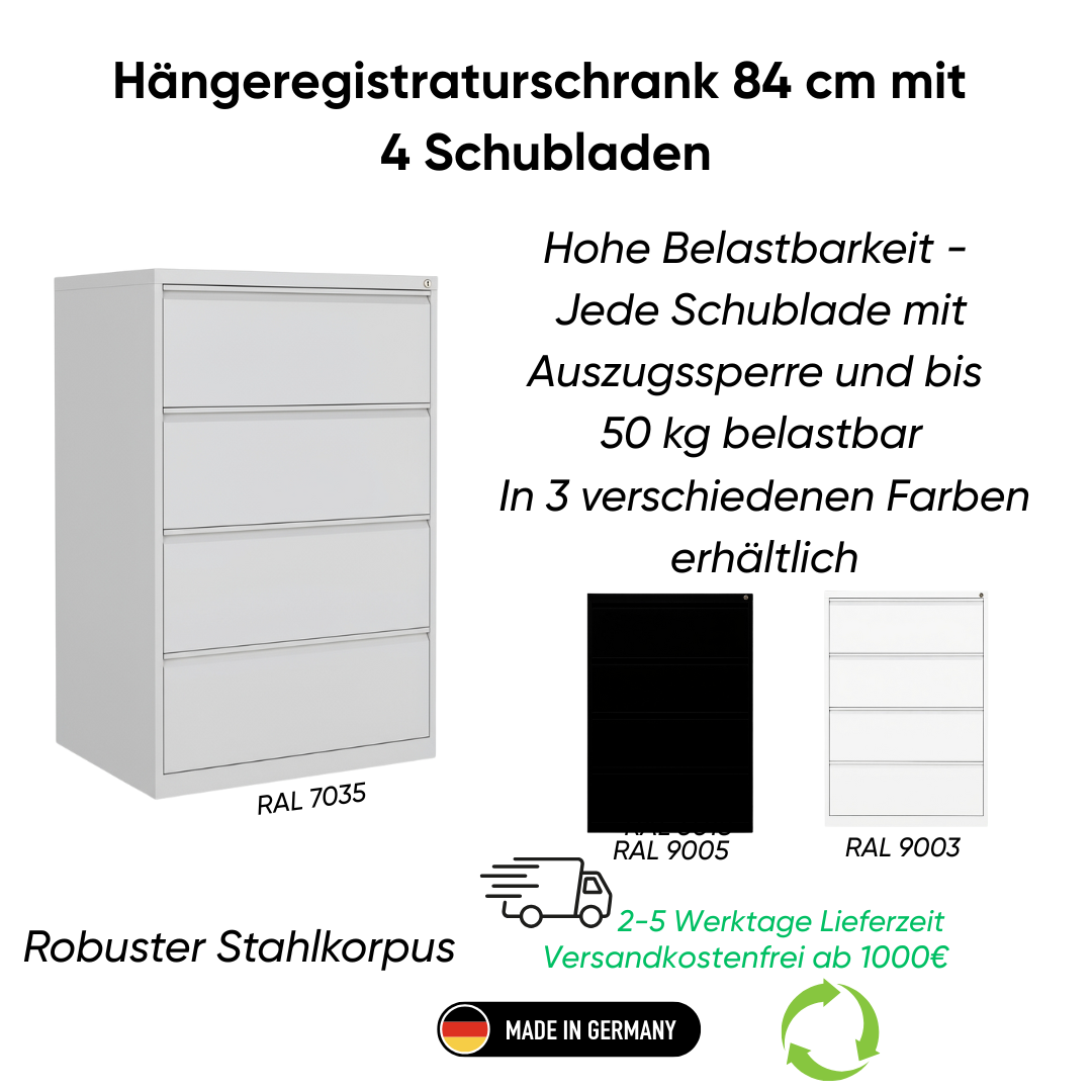 Hängeregistraturschrank 84 cm mit 4 Schubladen 2-bahnig Ansicht 2