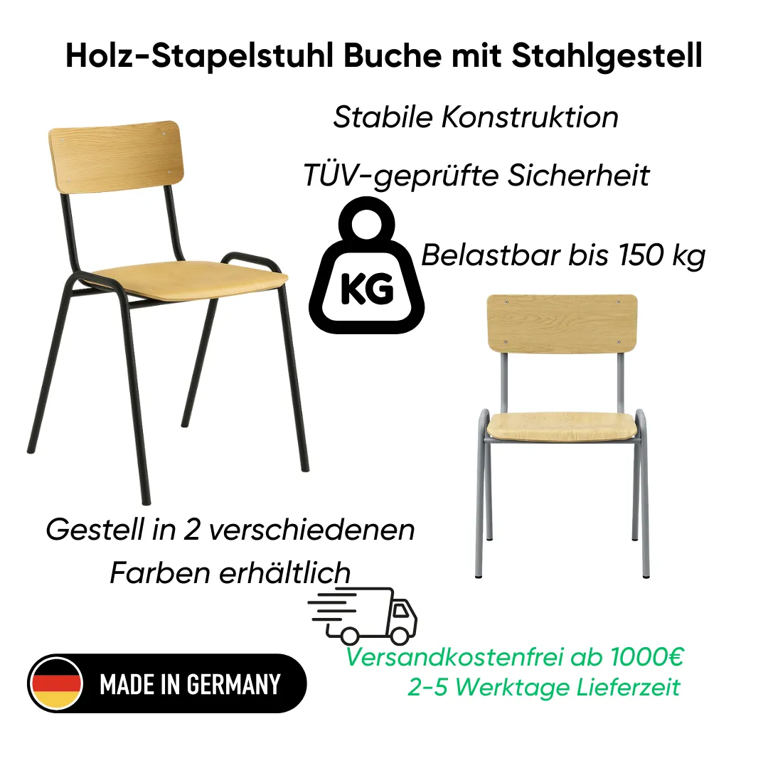 Holz-Stapelstuhl Buche mit Stahlgestell  Ansicht 3
