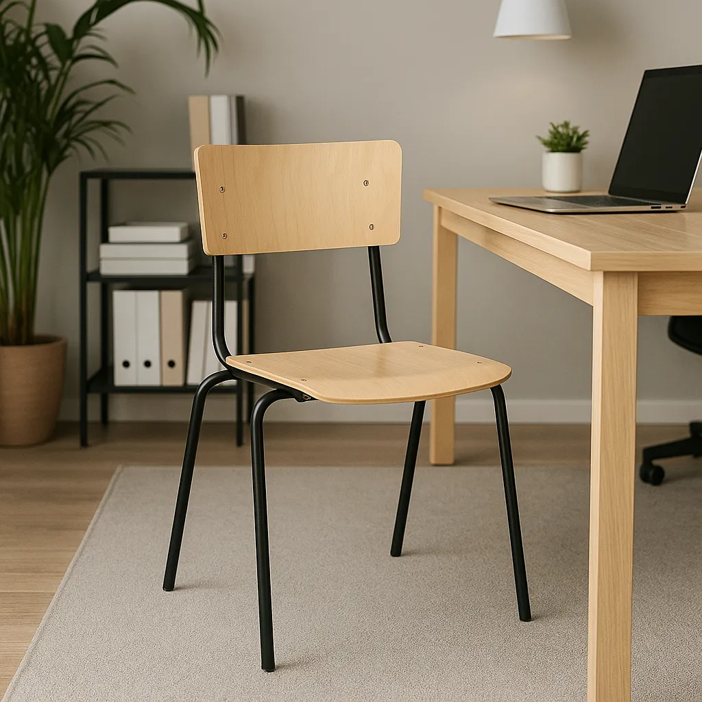 Stapelstuhl mit Holzsitz und schwarzem Stahlgestell Ansicht 4