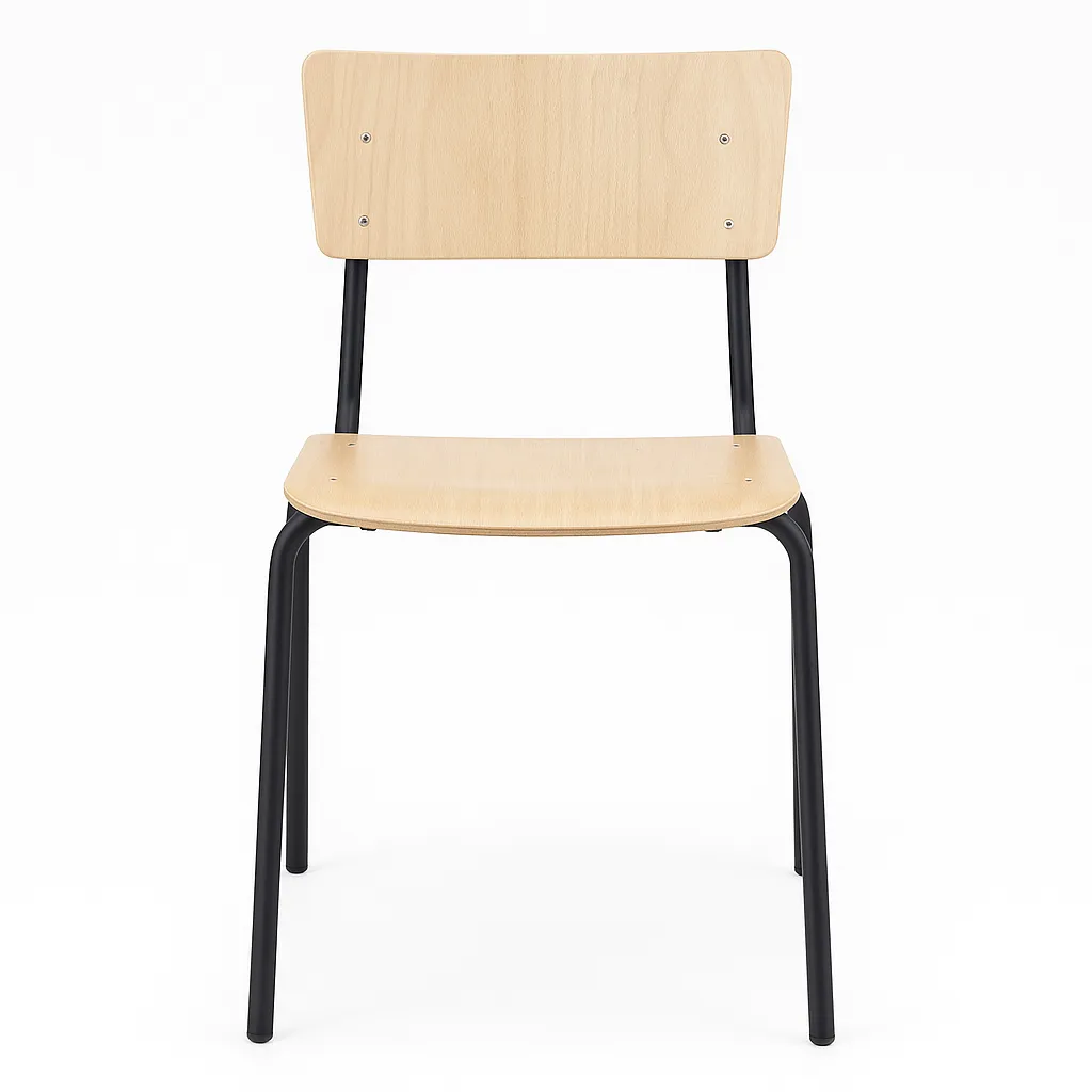 Stapelstuhl mit Holzsitz und schwarzem Stahlgestell