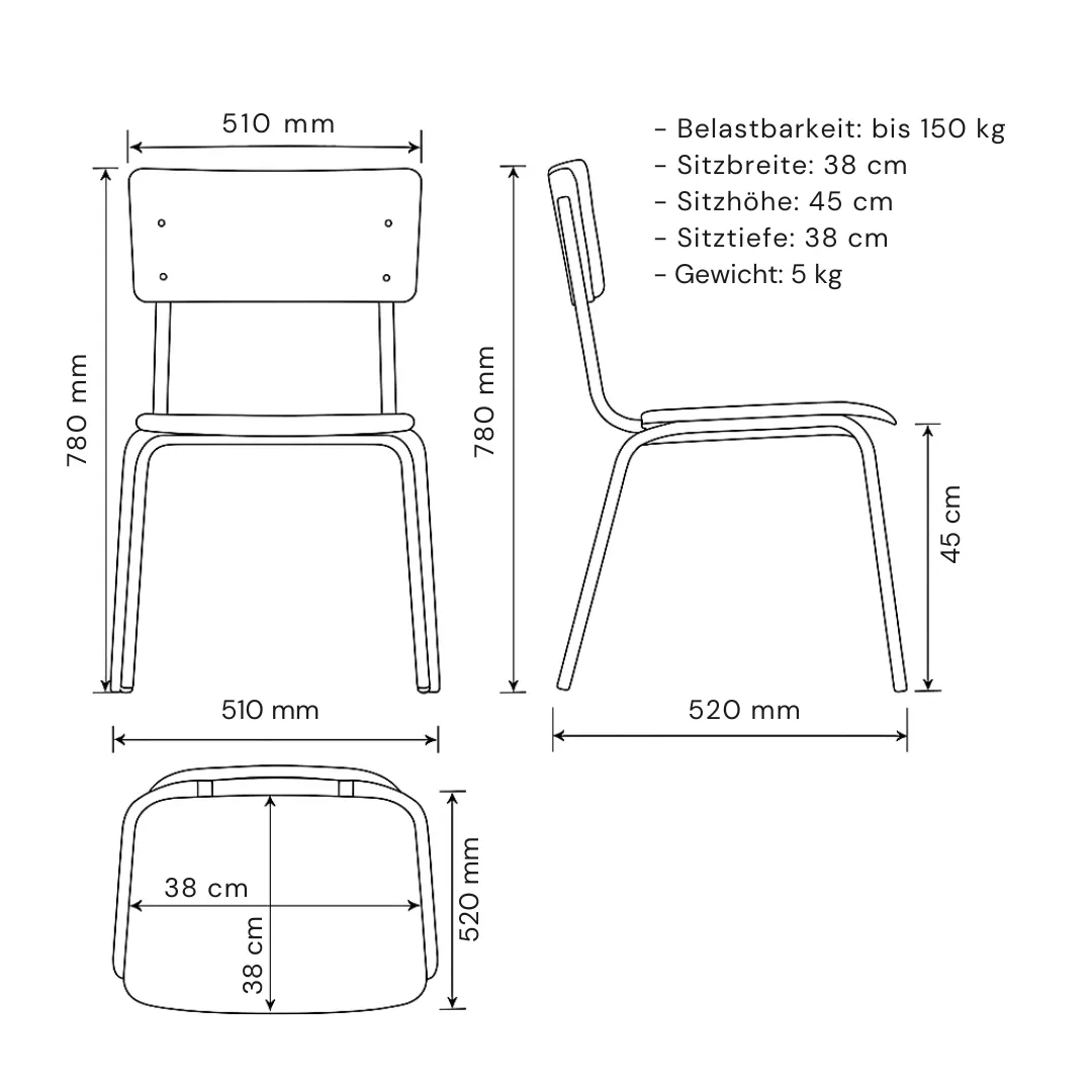 Stapelstuhl mit Holzsitz und schwarzem Stahlgestell Ansicht 5