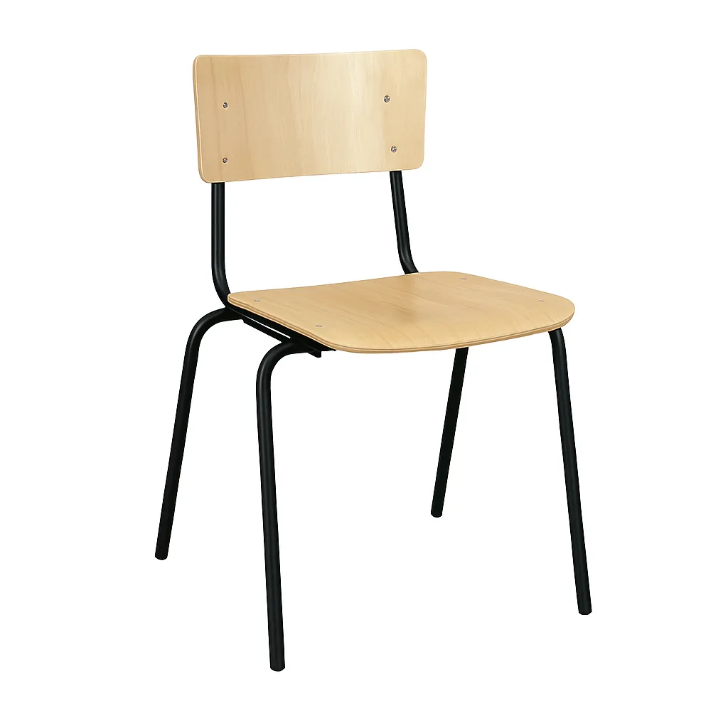 Stapelstuhl mit Holzsitz und schwarzem Stahlgestell Ansicht 3