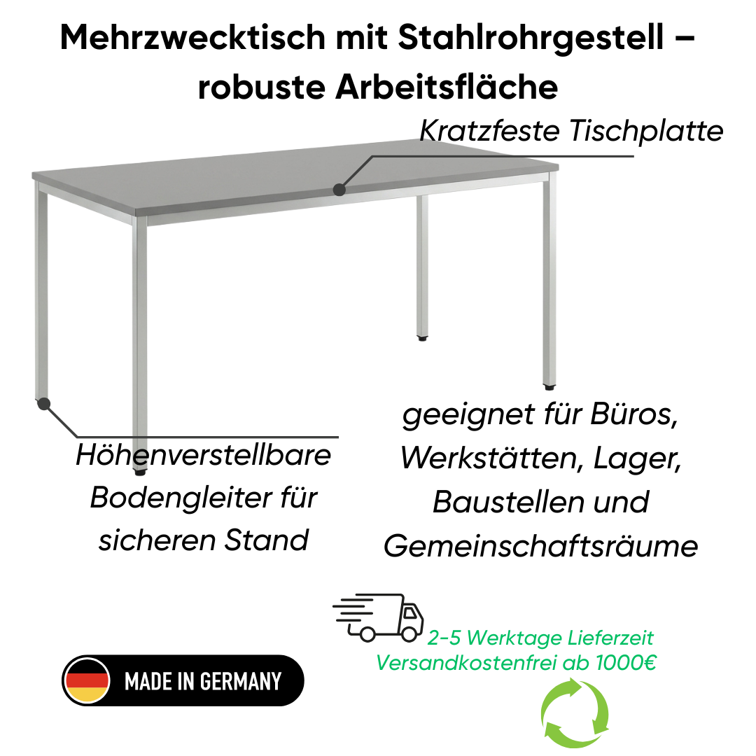 Mehrzwecktisch mit Stahlrohrgestell – robuste Arbeitsfläche Ansicht 2