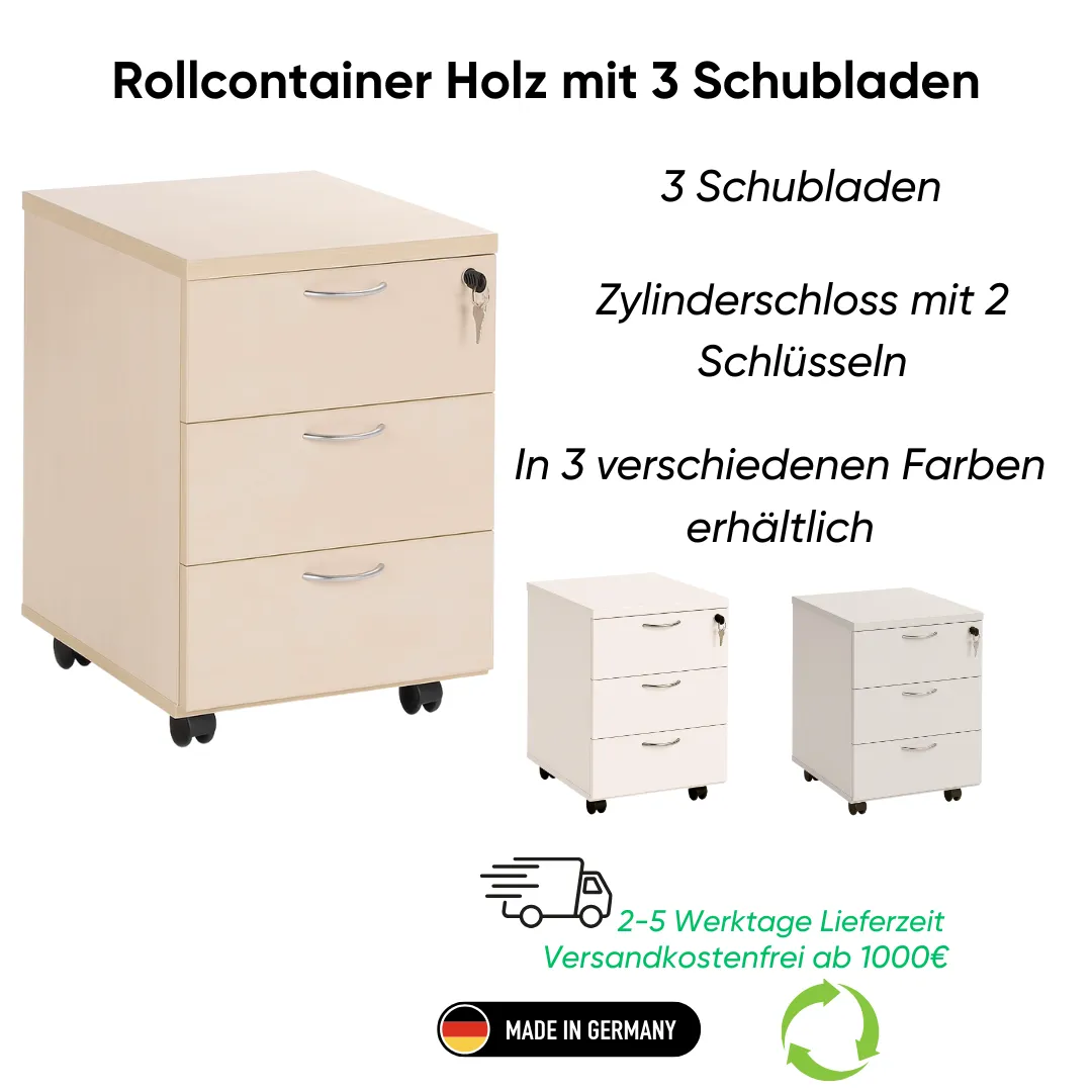 Rollcontainer Holz mit 3 Schubladen Ansicht 2