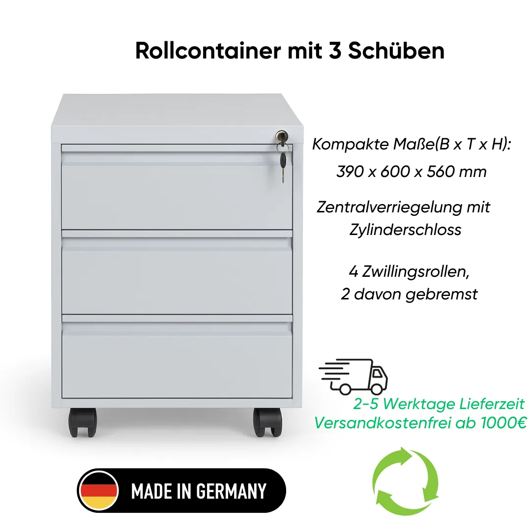 Rollcontainer mit 3 Schüben – stabil & mobil Ansicht 2