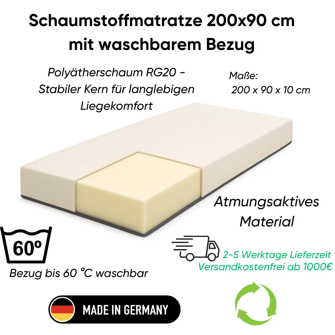 Schaumstoffmatratze 200x90 cm mit waschbarem Bezug Ansicht 2