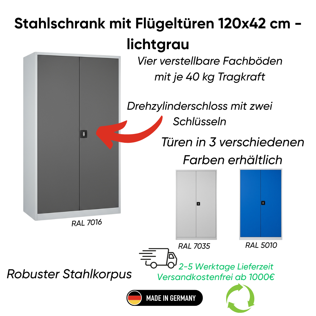 Stahlschrank mit Flügeltüren 120x42 cm - lichtgrau Ansicht 2