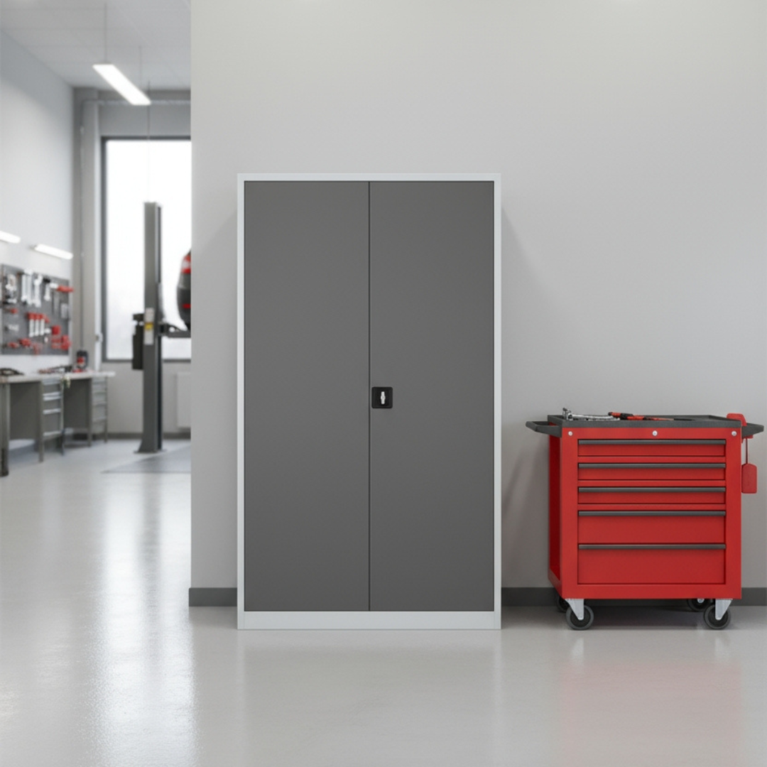 Stahlschrank mit Flügeltüren 120x42 cm - lichtgrau Ansicht 6