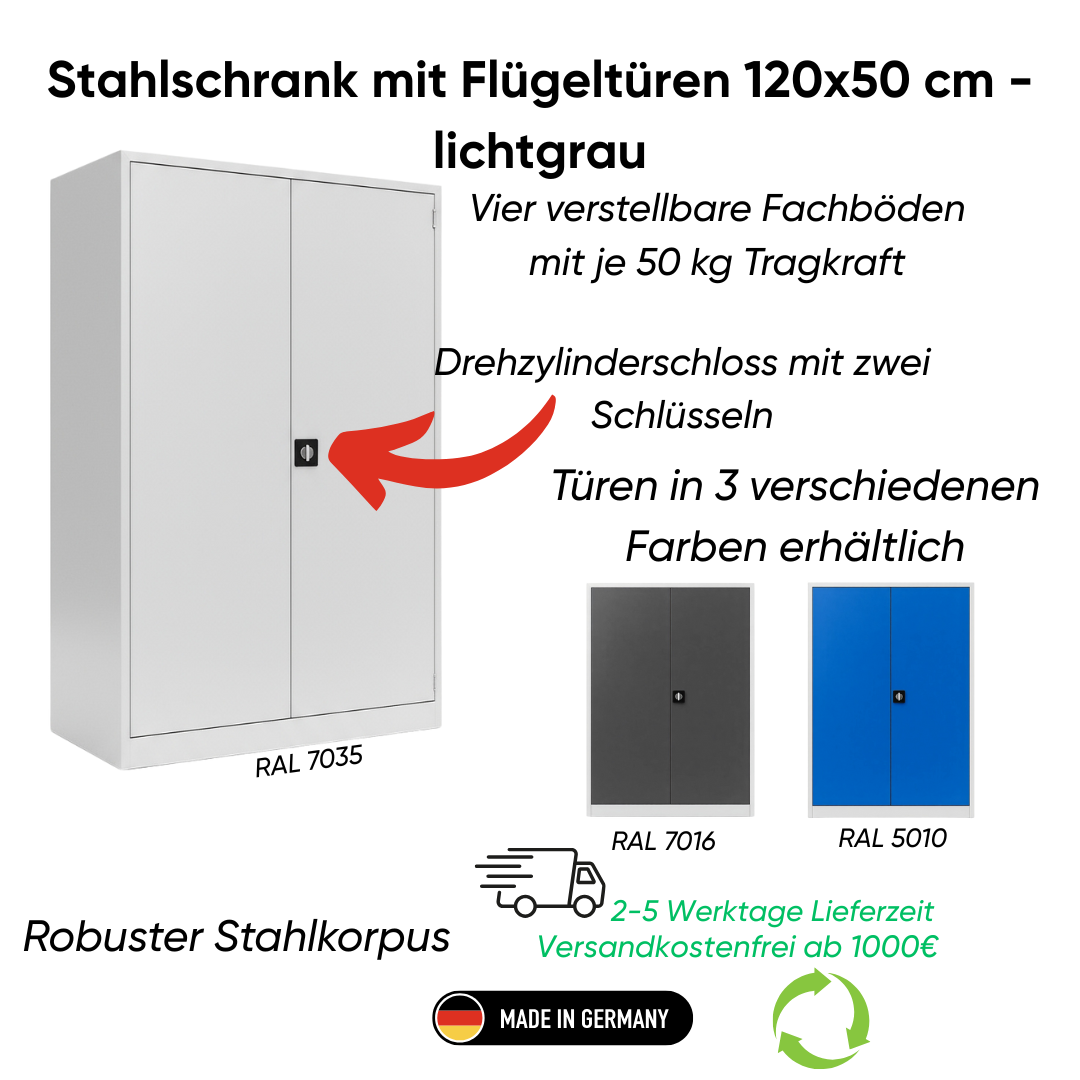 Stahlschrank mit Flügeltüren 120x50 cm - lichtgrau Ansicht 2
