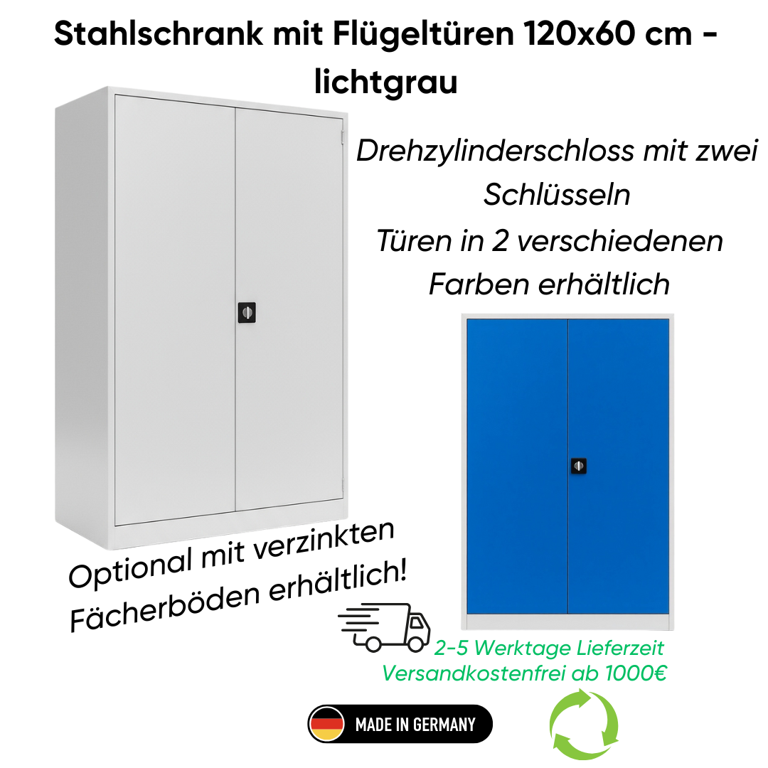 Stahlschrank mit Flügeltüren 120x60 cm - lichtgrau Ansicht 2
