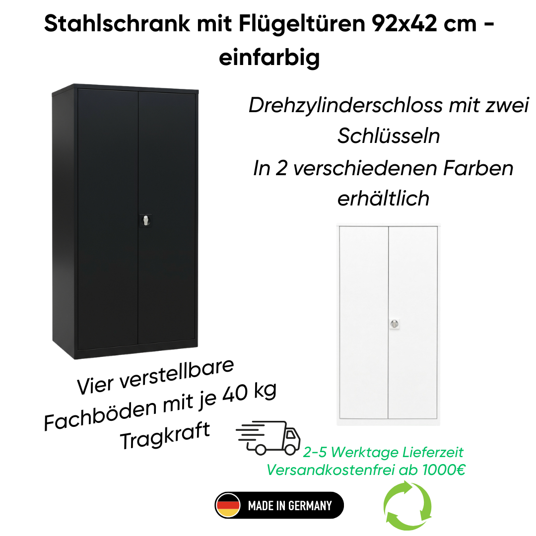 Stahlschrank mit Flügeltüren 92x42 cm - einfarbig Ansicht 2