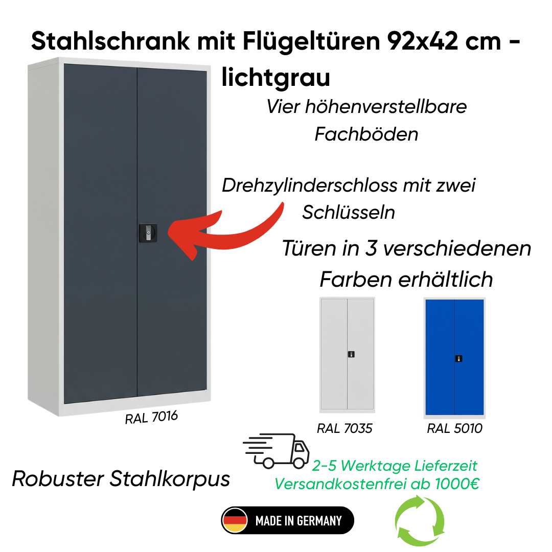 Stahlschrank mit Flügeltüren 92x42 cm - lichtgrau Ansicht 2