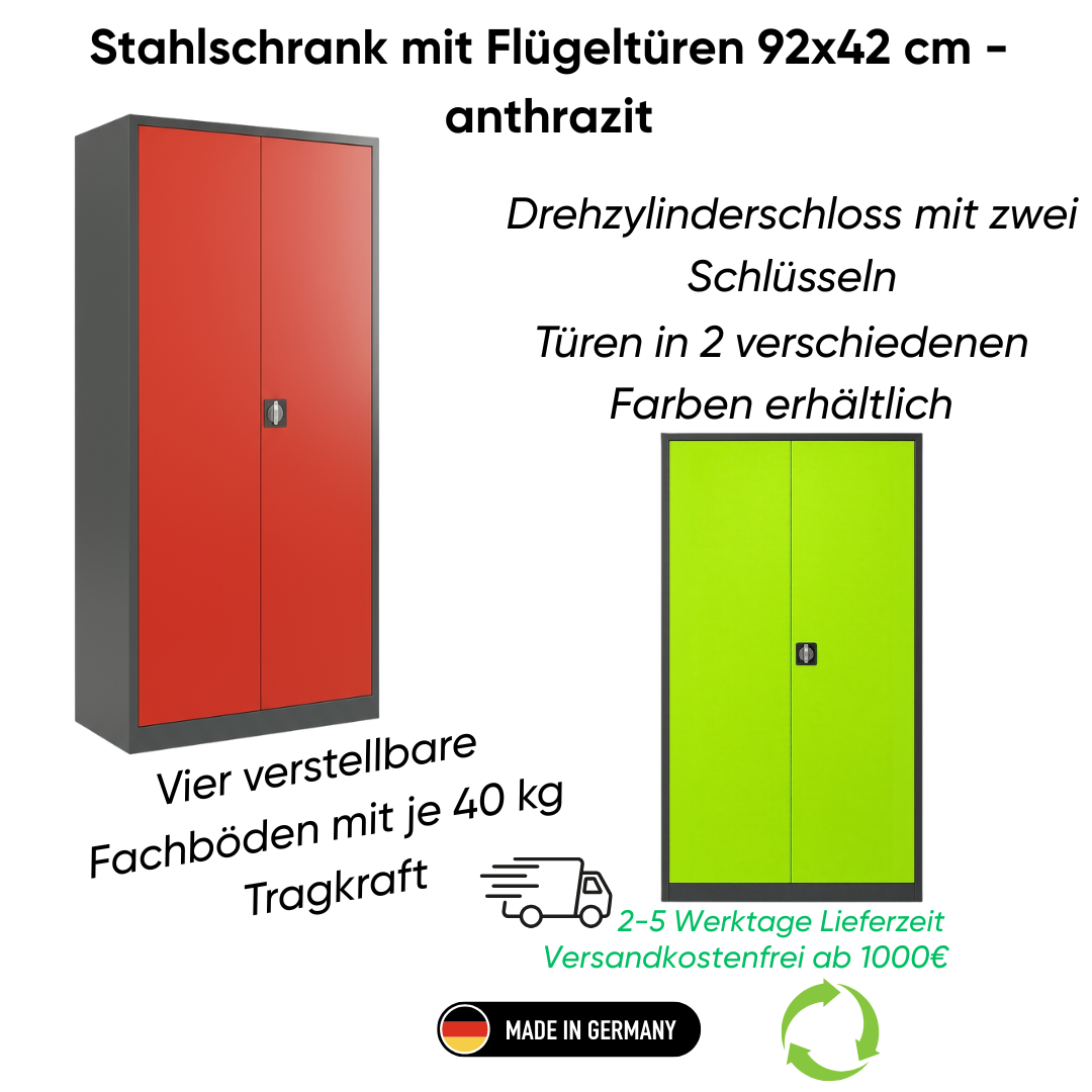 Stahlschrank mit Flügeltüren 92x42 cm - anthrazit Ansicht 2