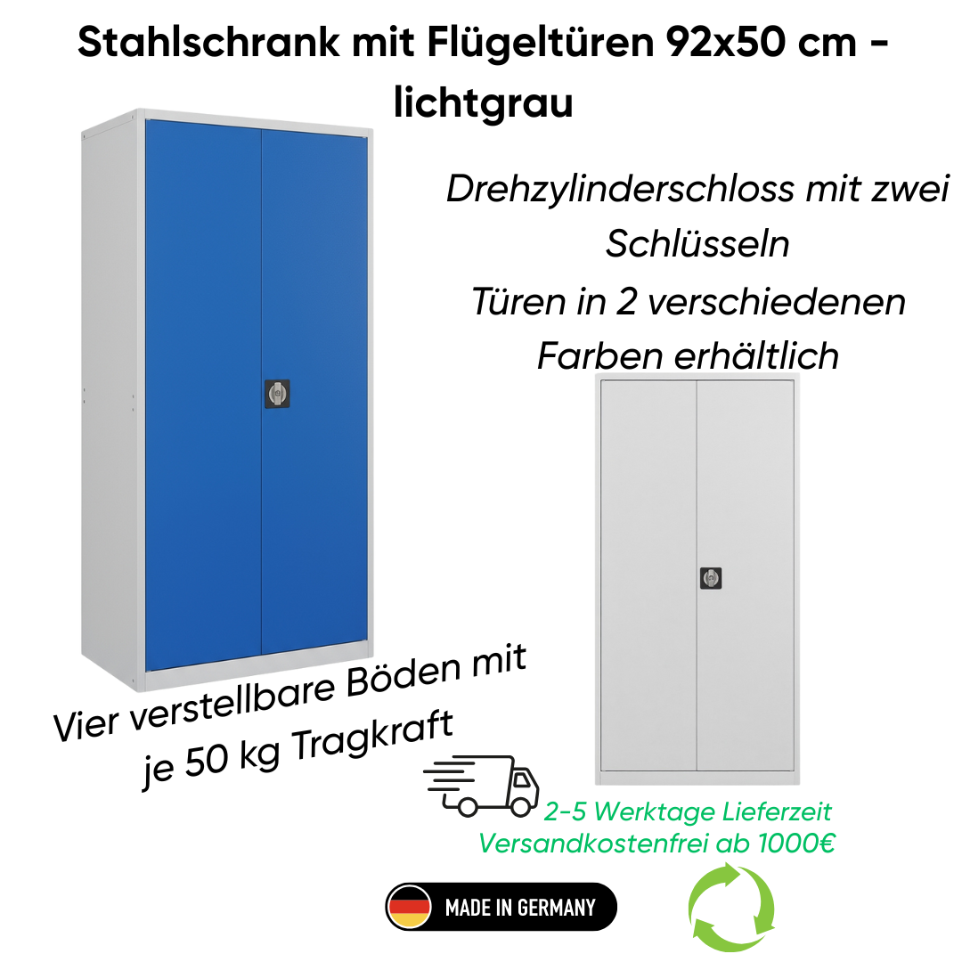 Stahlschrank mit Flügeltüren 92x50 cm - lichtgrau Ansicht 2