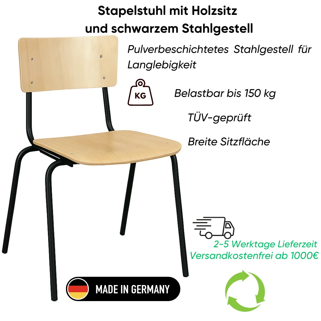 Stapelstuhl mit Holzsitz und schwarzem Stahlgestell Ansicht 2