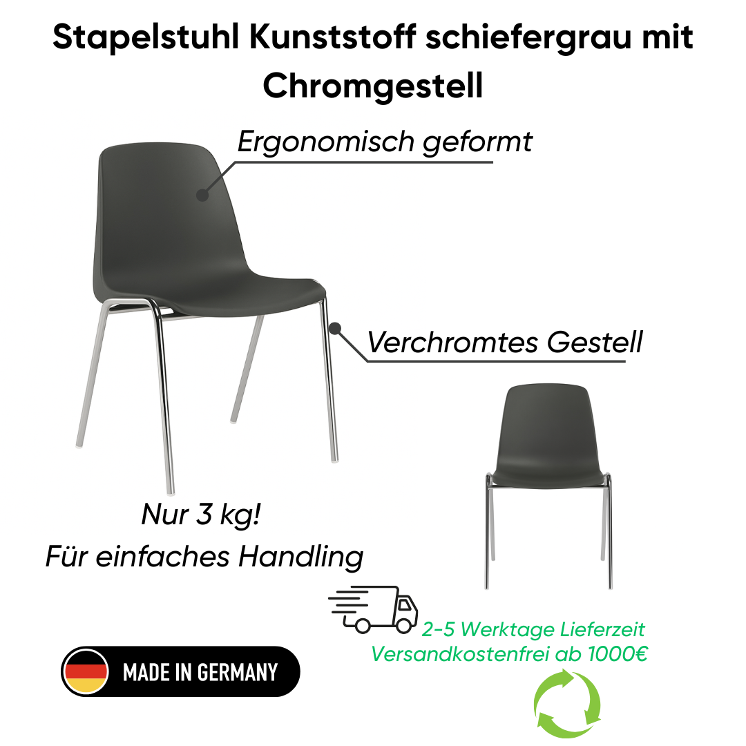 Stapelstuhl Kunststoff schiefergrau mit Chromgestell Ansicht 2