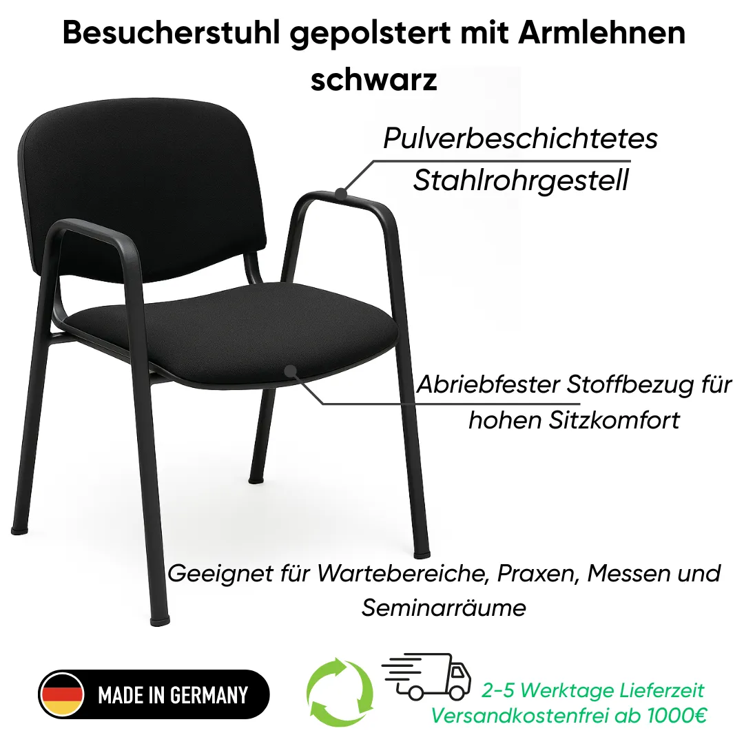 Besucherstuhl gepolstert mit Armlehnen schwarz Ansicht 2